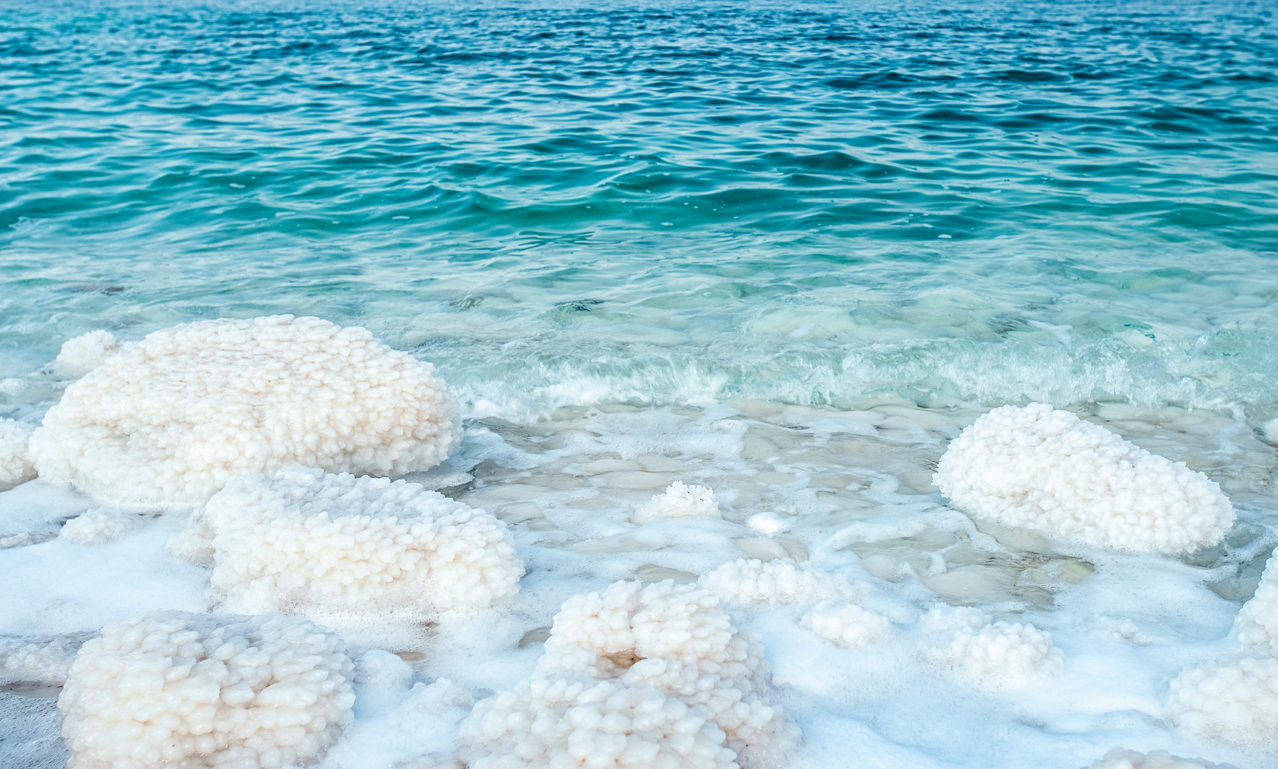 .incredibly beautiful seaside of the dead sea with blue water and white crystals of salt near.selective focus